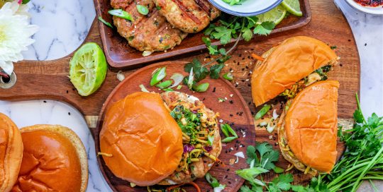 Chicken Burgers with Spicy Peanut Butter Slaw