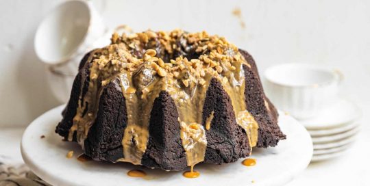 Chocolate Pound Cake with Peanut Butter Glaze