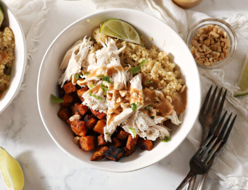 Chicken & Roasted Sweet Potato Protein Bowls with Lime-Peanut Sauce